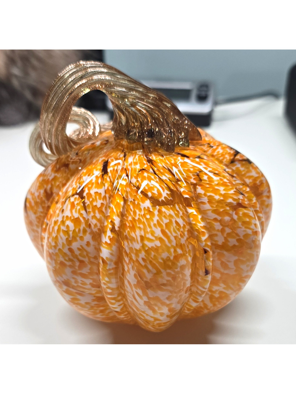 Orange & White Art Glass Pumpkin Decor with Gold Tone Stem
